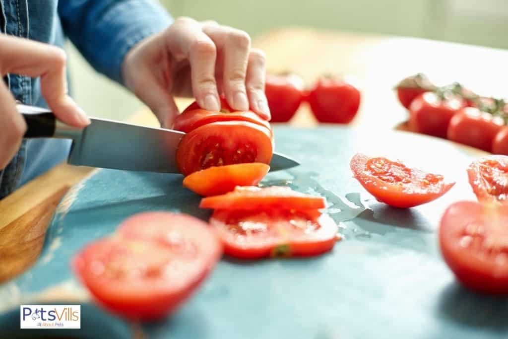 a lady chopping ripe tomatoes