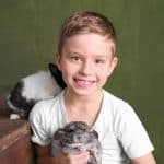 a child with chinchilla and rabbit