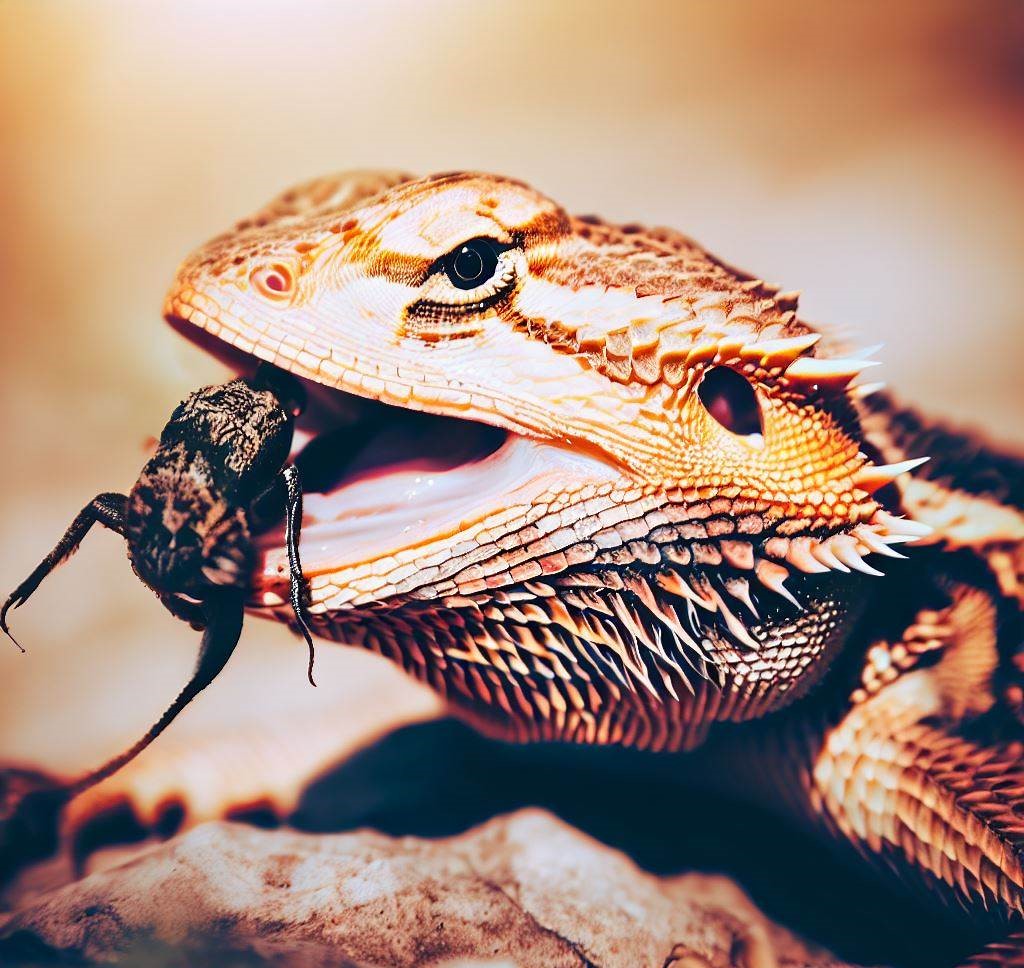 A bearded dragon consuming stink bug