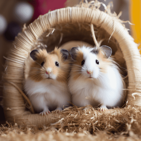 A couple of long-haired hamsters in their cage