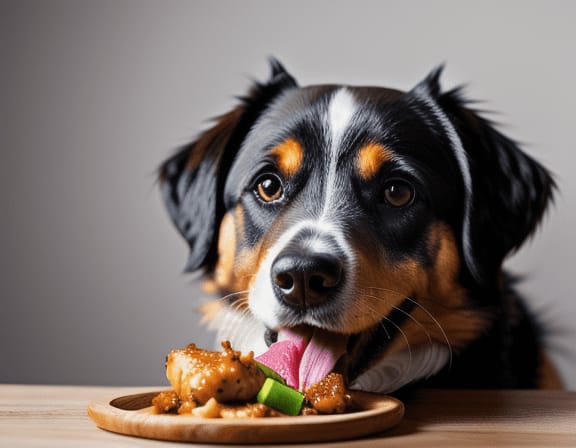 A dog heapily eating chicken