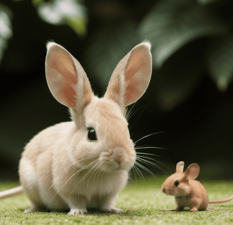 Adorable rabbit and curious mouse together in the grass