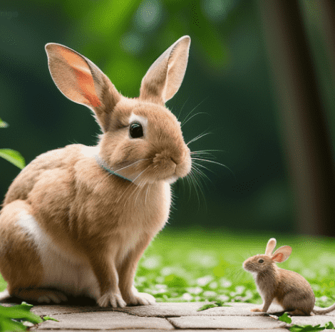 Adorable rabbit and curious mouse together