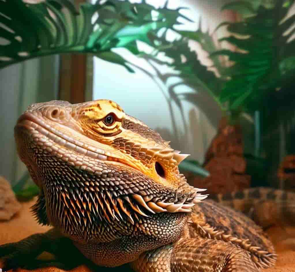 Bearded dragon with Areca Palm