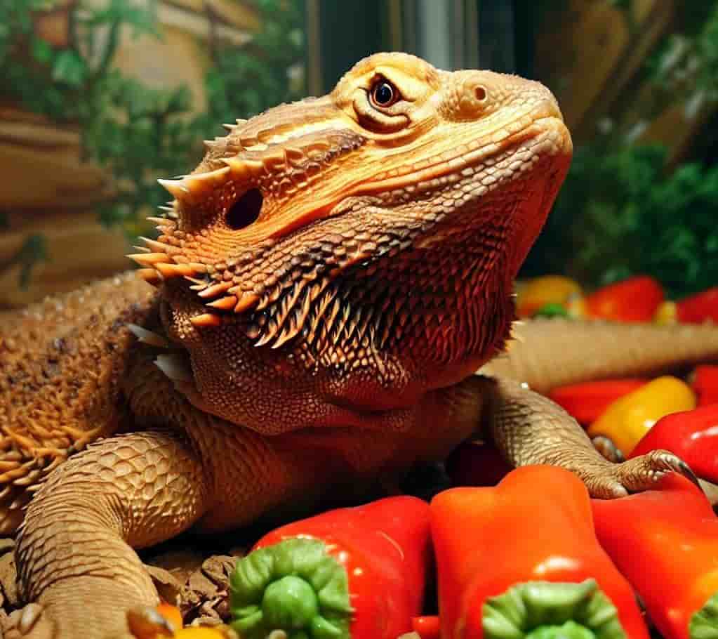 Bearded dragon with bell peppers