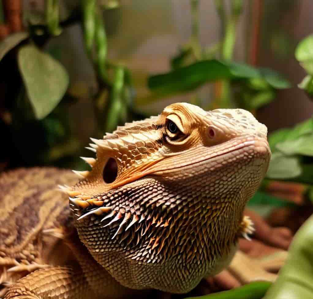 Bearded dragon with leafy plants
