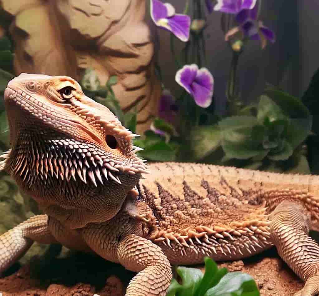 Bearded dragon with pansies plant