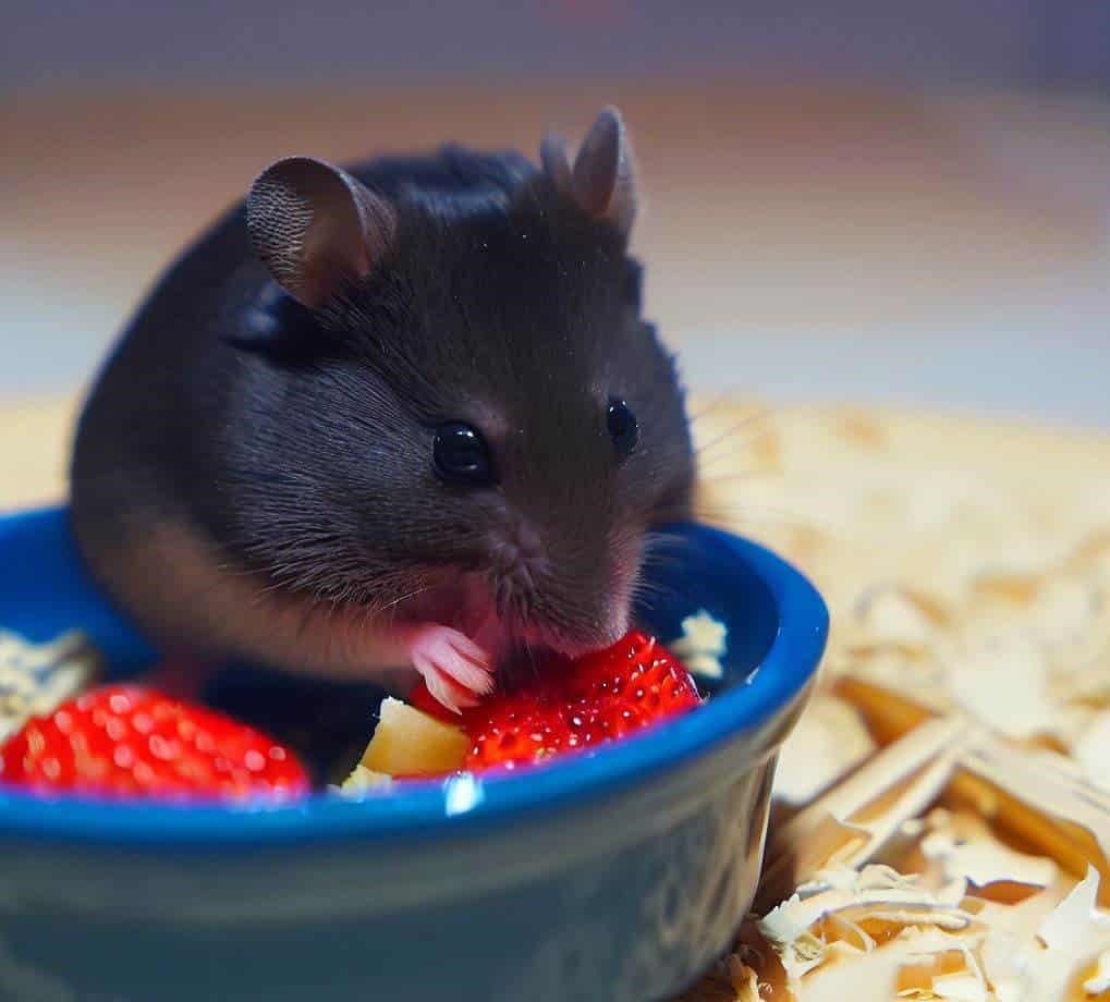 Black bear hamster eating strawberries in the bowl