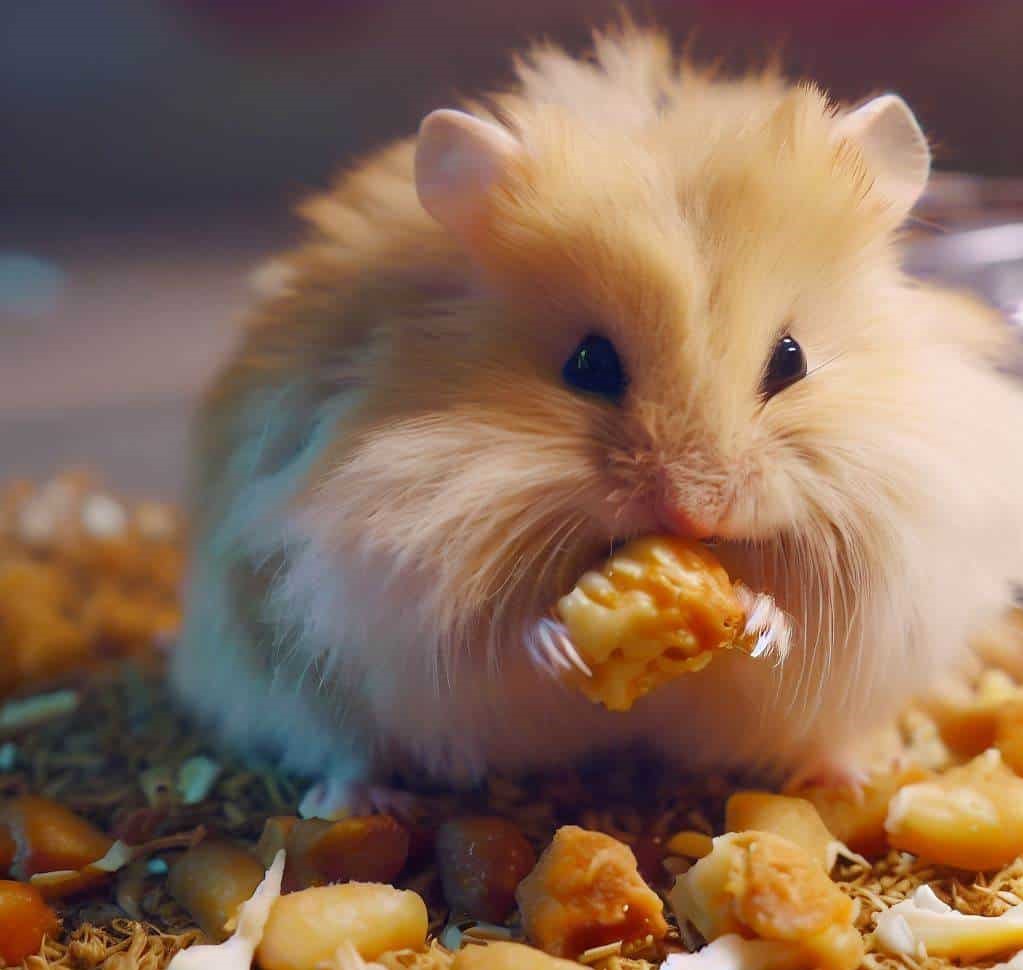 Long-haired hamster eating small amount of cooked chicken