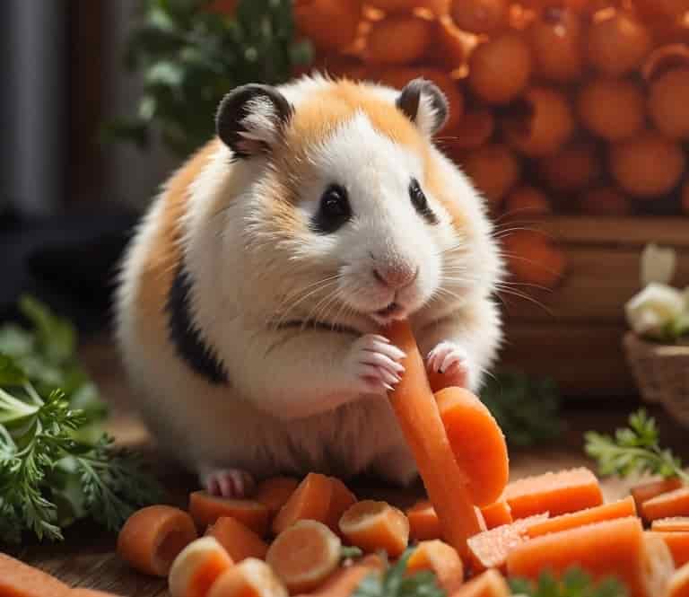 Panda bear hamster eating carrots