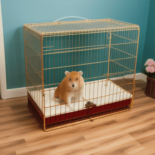 Teddy bear hamster in its cage
