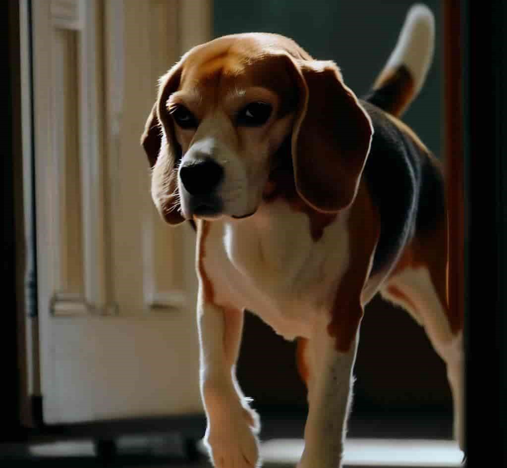 A Beagle dog is walking out the door after opening it