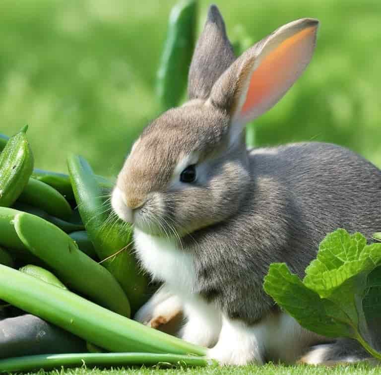 A cute rabbit eating green beans