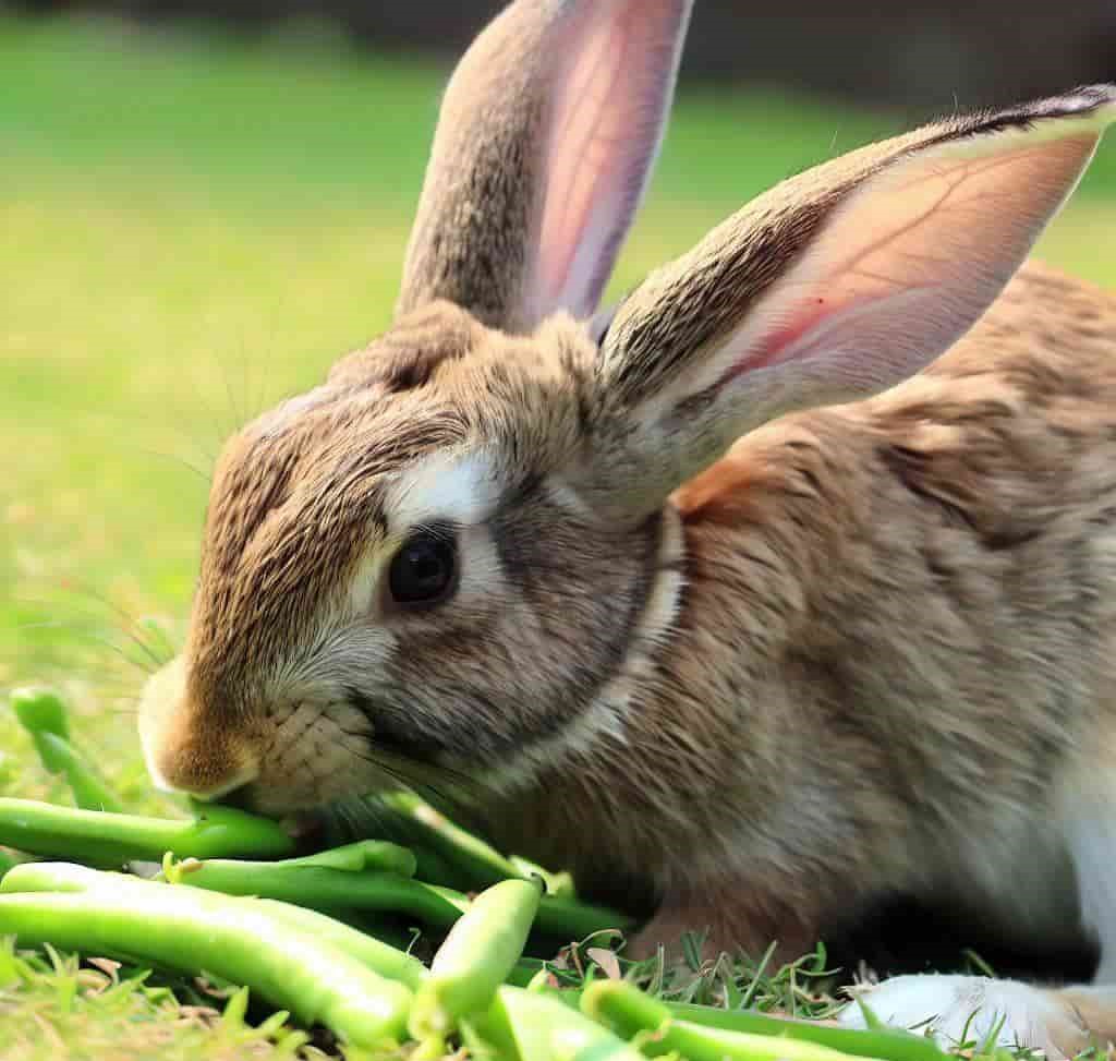 A rabbit eating green beans