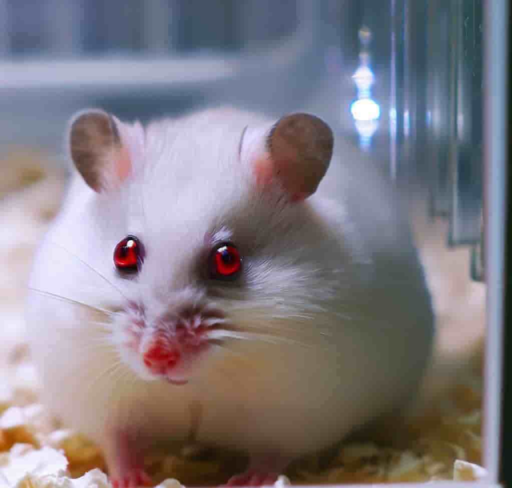 Albino hamster with red eyes sitting in its cage