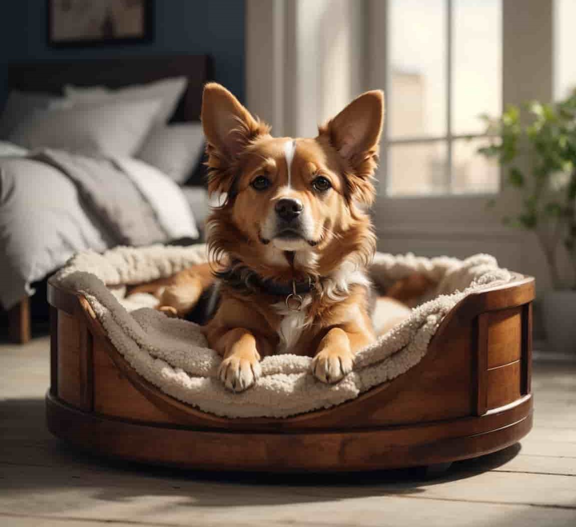 An adorable dog sitting in its bed