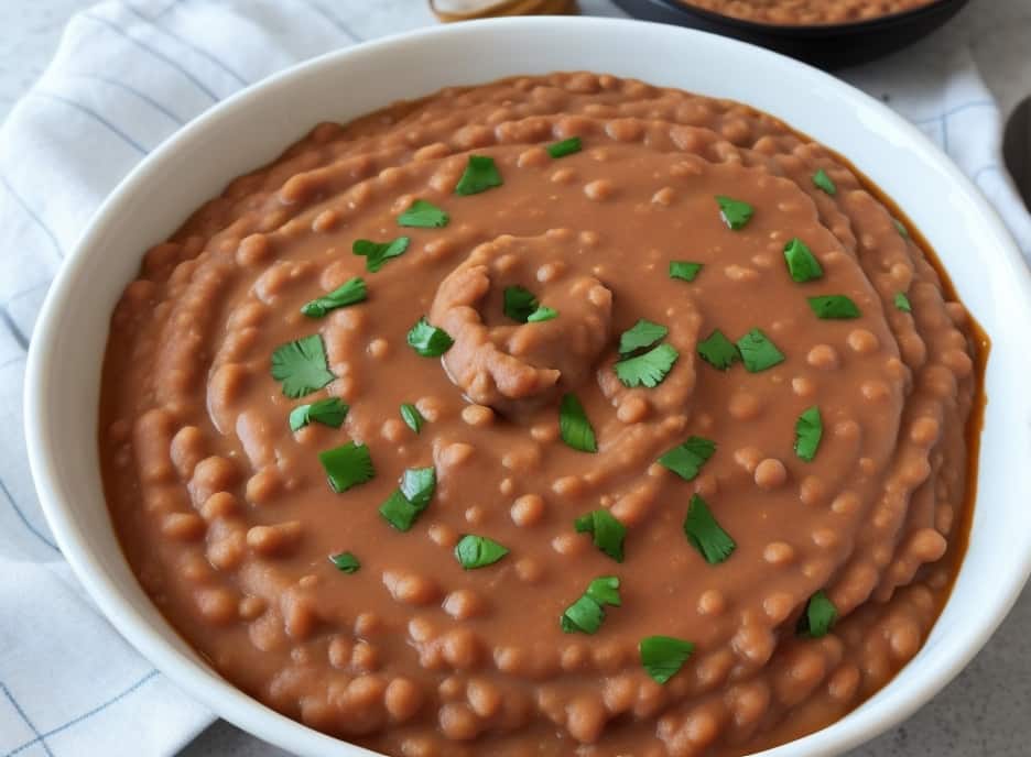 A bowl filled with refried beans