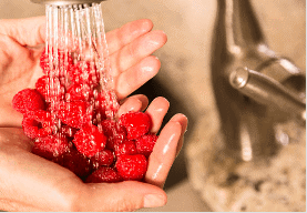 A person's hands washing raspberries under a running kitchen faucet.
